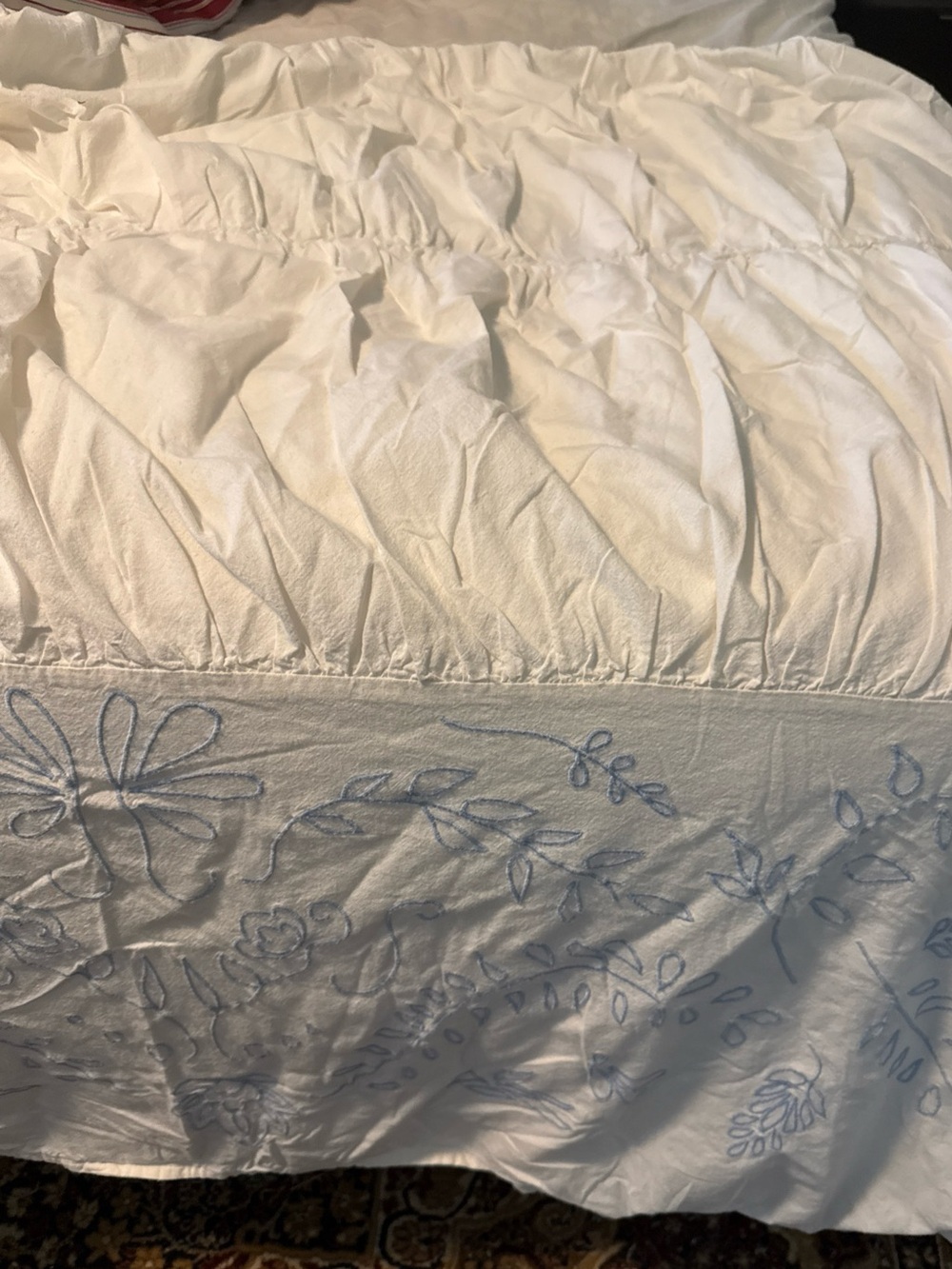 Urban Outfitters Duvet Twin White W Blue Embroidery Cotton Rousching Boho - Picture 4 of 7